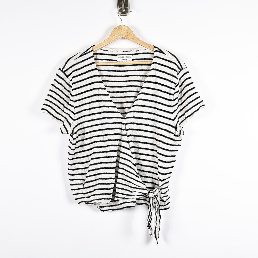 Madewell Texture & Thread Shirt Womens XL Stripe Tie Front V Neck Top Blouse‎